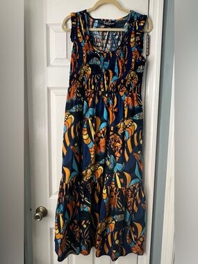 Lesley Evers Nadia Monarch Butterfly Smocked Tiered Midi Dress Pockets